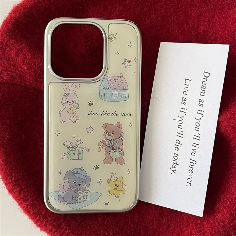 Casing iPhone 16 15 14 13 Pro Max, sarung HP motif kartun mewah lucu dengan lem tetes ilustrasi pinggiran perak, casing ponsel untuk iPhone 16 15 14 13 Pro Max