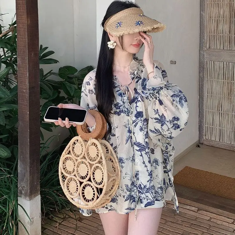 Camisa de protección solar con cordones y pintura de lavado de tinta para mujer, novedad de verano, camisetas holgadas súper hermosas de estilo perezoso, ropa de moda para mujer