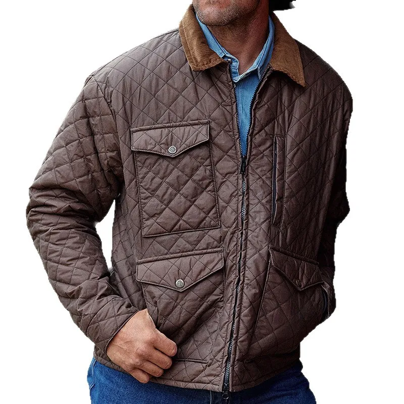 

New European and American Style Men's Diamond Pattern Quilted Jacket with Pockets and Lapel for Autumn and Winter