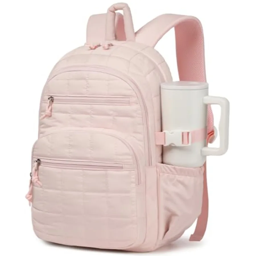 

Cute Laptop Backpack for Women, Quilted College Bookbag with Tumbler Holder Pocket for Nurse Teacher Work Travel, Puffer School