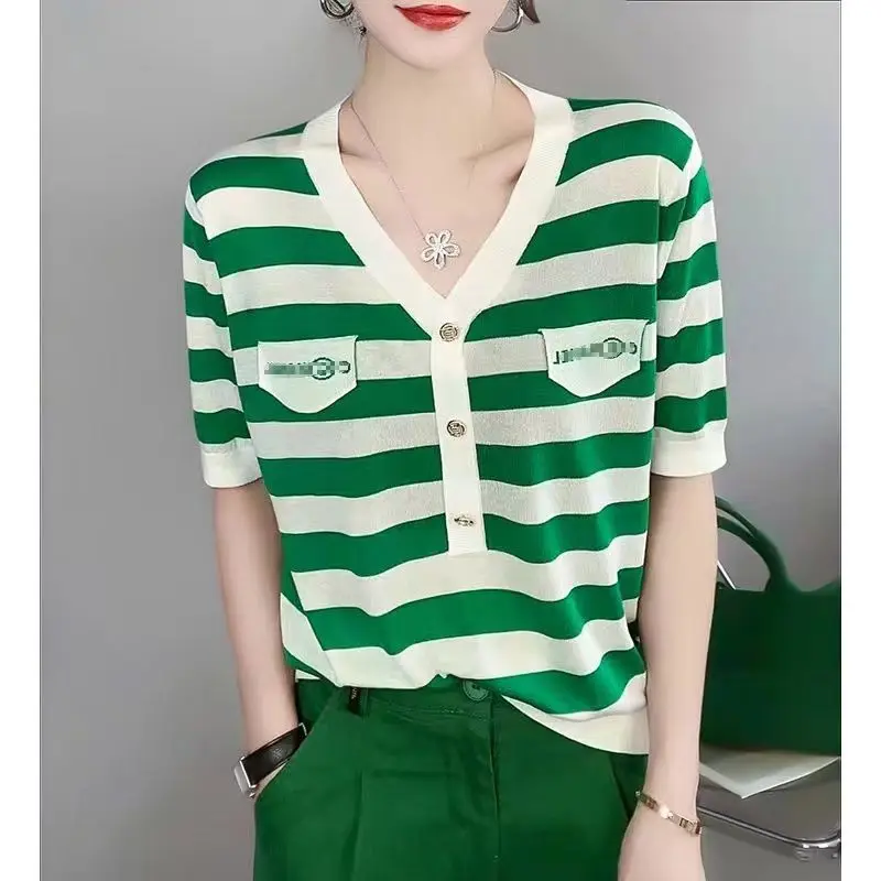 Fashion Printed V-Neck Spliced Button Letter Striped Blouse Women\'s Clothing 2023 Summer New Oversized Casual Tops Korean Shirt