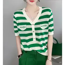 Fashion Printed V-Neck Spliced Button Letter Striped Blouse Women's Clothing 2023 Summer New Oversized Casual Tops Korean Shirt