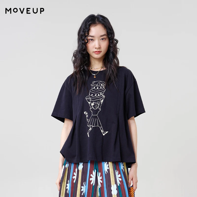 

MOVEUP Short Sleeves Round Neck T-Shirt 2026 Summer New Pure Cotton Fun Cat Embroidery Pleated Slimming Top For Women 3ELX10514