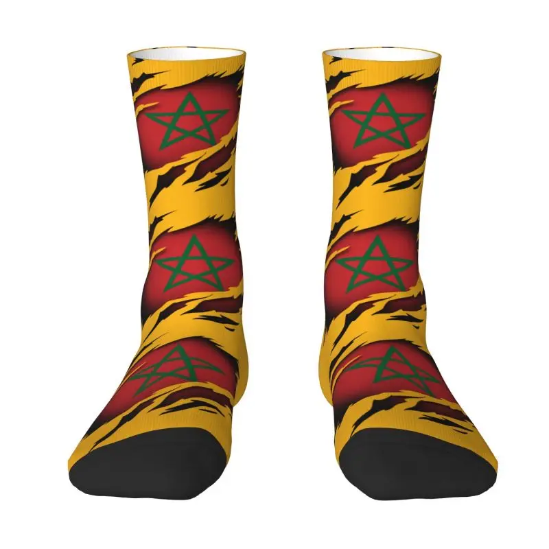 

Novelty Mens Moroccan Torn Morocco Flag Dress Socks Unisex Breathbale Warm 3D Printed Crew Socks