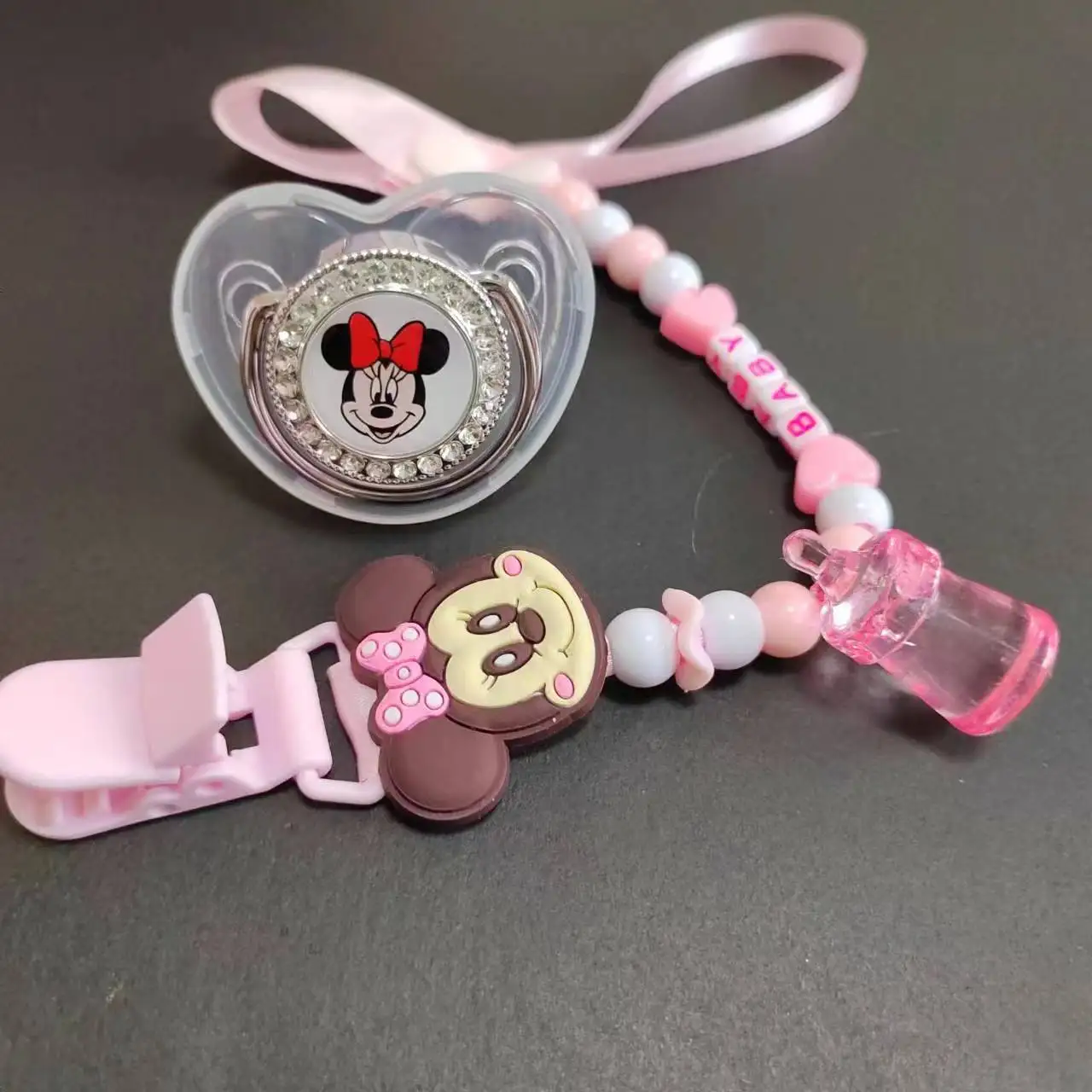 Disney Personalize Any Name Bead Chain Clip Minnie Baby Pacifier with Clip food-grade silicone baby fake nipples Sucette Chupete