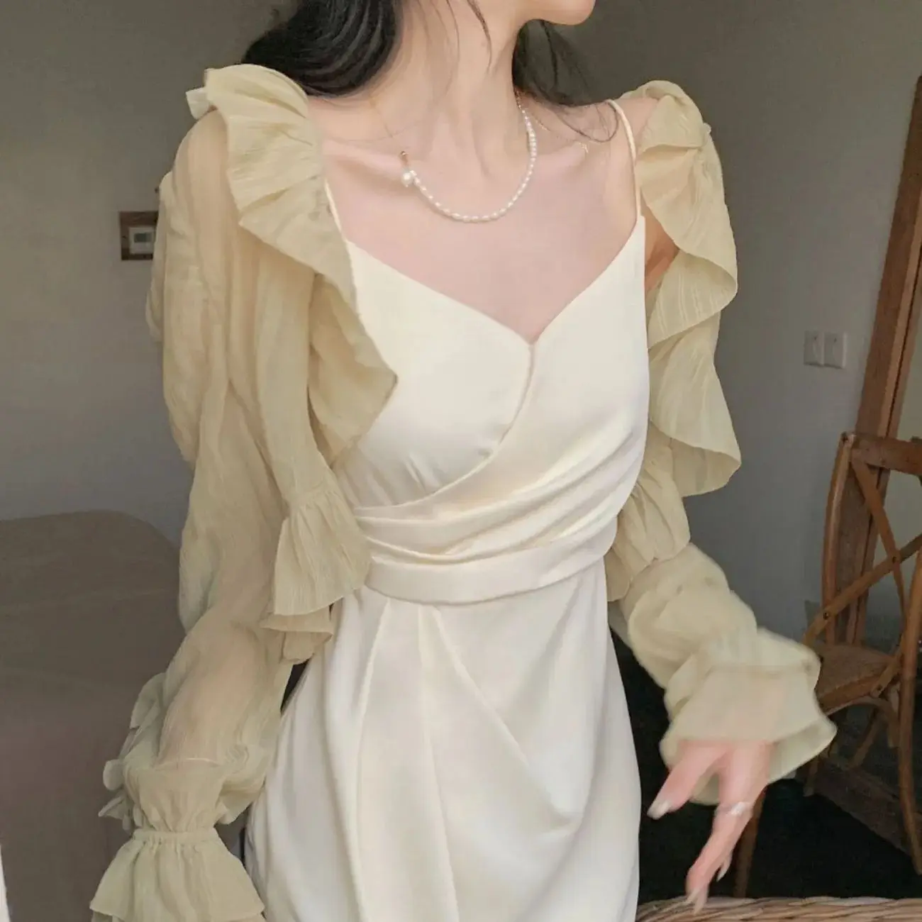 Fungus Edge Sunscreen Cardigan Women's Thin Small Shawl Summer with Suspender Skirt Blouse Top