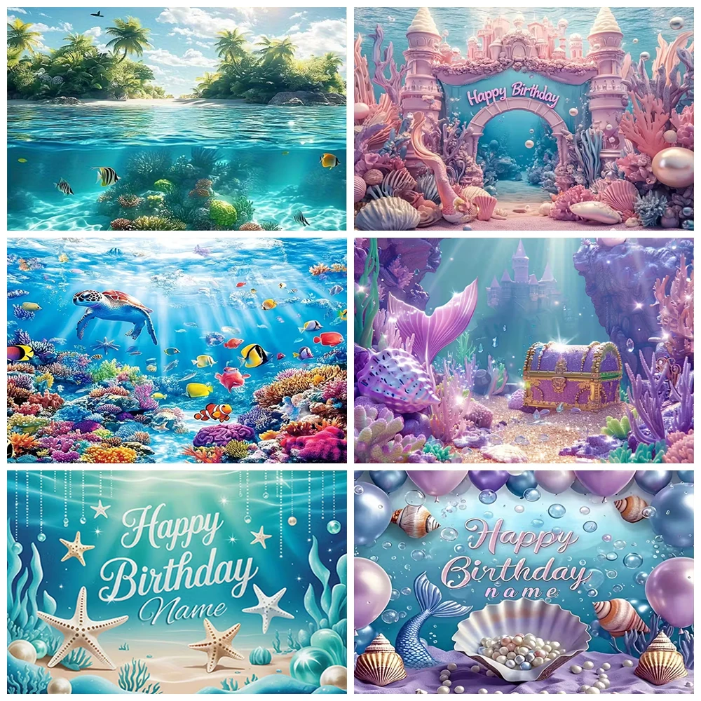 

Ocean World Backdrop Fish Turtle Shark Background Children's Birthday Party Decoration Blue Photography Prop Baby Showr Gifts