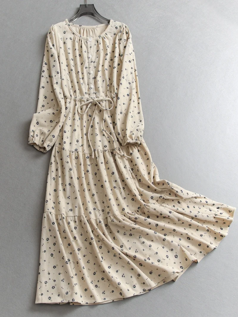 Corduroy overhemdjurk voor dames Franse stijl 2026 - Daisy Print Ronde hals Bubble Sleeve Lange losse jurk met trekkoord W2042