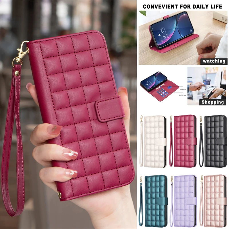 Funda S24 FE S22+ Luxury Checkered Leather Shells for Samsung Galaxy S24+ S23+ S22 S21 Ultra 5G S23FE S21 Plus Wallet Phone Case