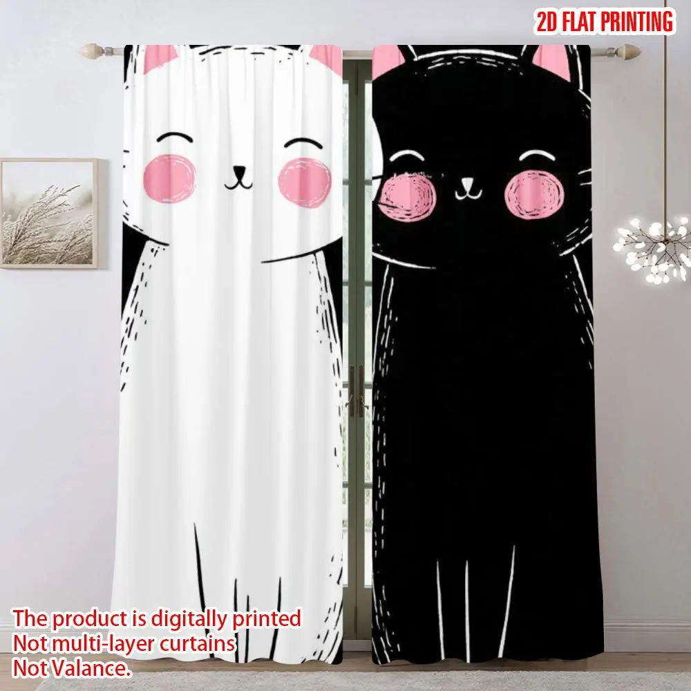 Cute Black White Cat Curtain, Cartoon Kitten Face Drape, Funny Animal Window Treatment for Kids Room Living Room Bedroom Decor