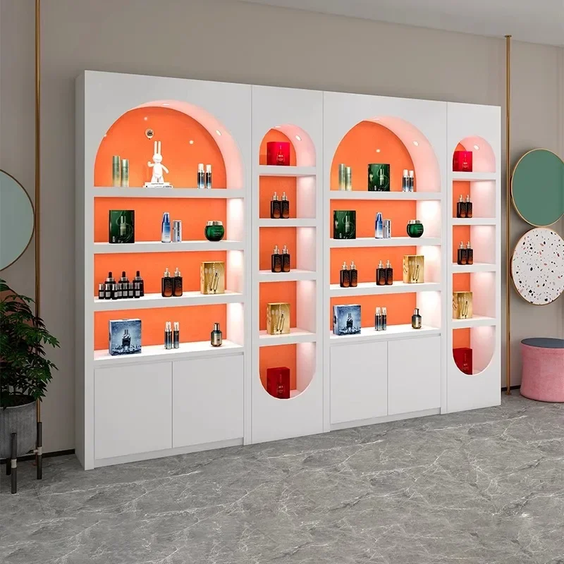 Free pictures Cosmetics Display Cabinet Beauty Barber Nail Shop Shelf Orange Paint Skin Care Product Display Cabinet