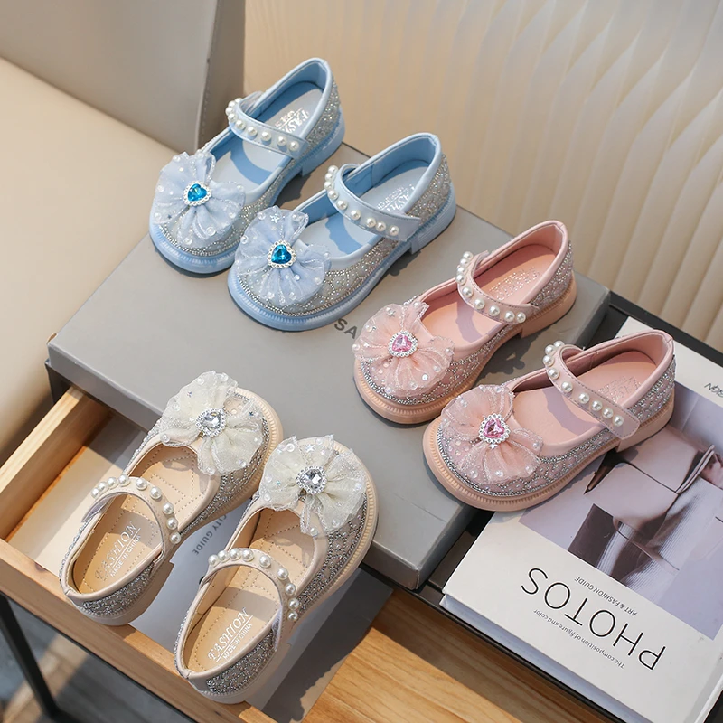 Girls Mary Jane Shoes for Wedding Party Princess Shiny Crystal Shoes Children Sweet Bowknot Kids Fashion Elegant Leather Shoes