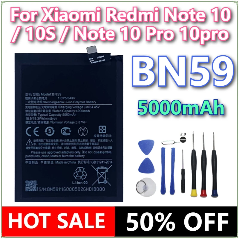

Совершенно новый аккумулятор для мобильного телефона BN59 5000 мАч для Xiaomi Redmi Note 10/10S/Note 10 Pro 10pro, сменные аккумуляторы для телефона + инструменты