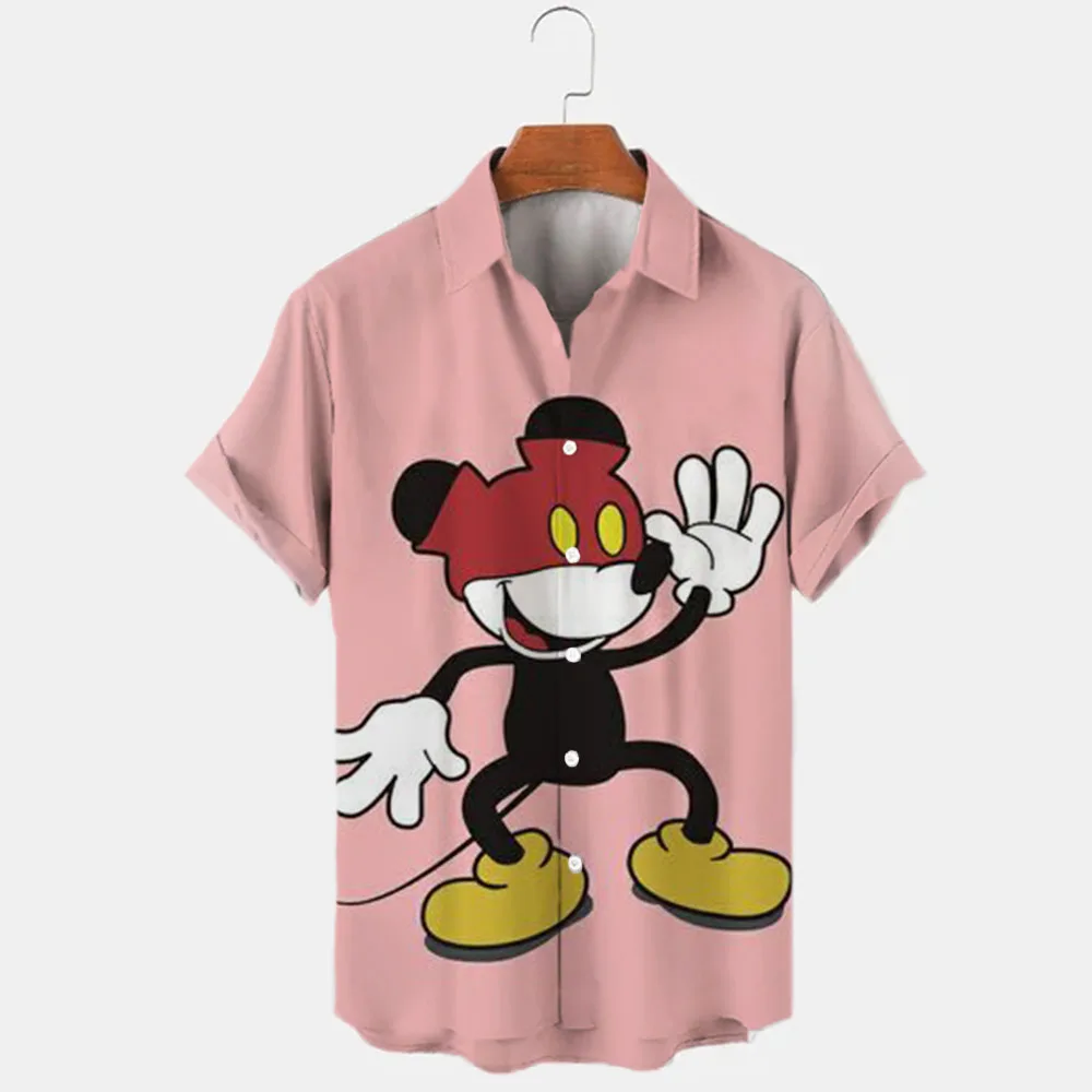 New Summer 2024 Disney Winnie The Pooh And Mickey Brand Cartoon Casual 3D Printed Short Sleeve Lapel Shirt Slim Fit Men\'s Top