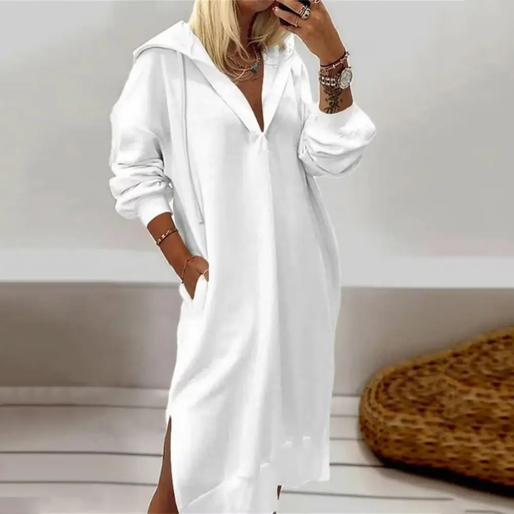 

Loose Fit Dress Cozy Hooded Knit Dress with Side Split Pockets for Women Fall Winter Midi Dress for Daily Wear Hem Slit