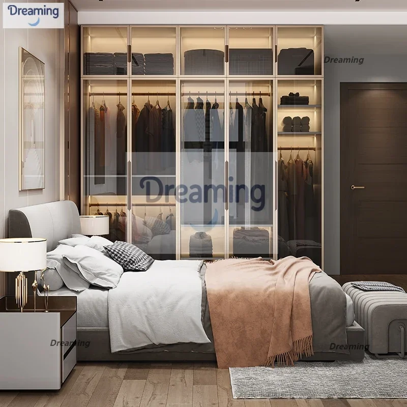 

Wardrobe glass door modern simple light luxury cabinet cloakroom combination storage cabinet household solid wood bedroom large