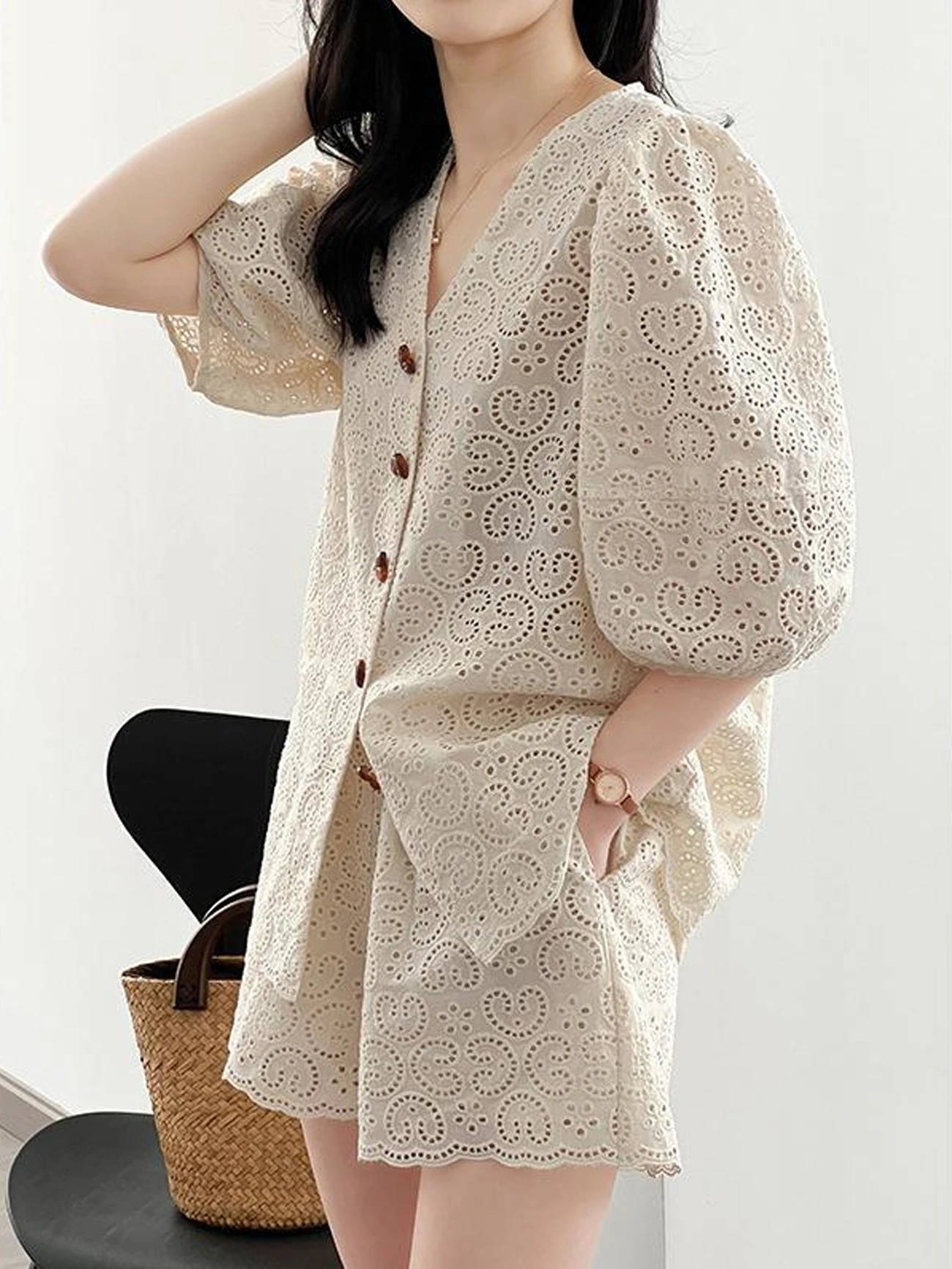 EGBH Tulipers Dames ort Sve Kant irt Zoete Kwastje Trim Zomer High-End Feel Bubble Sve V-ne Loose Fit Vest