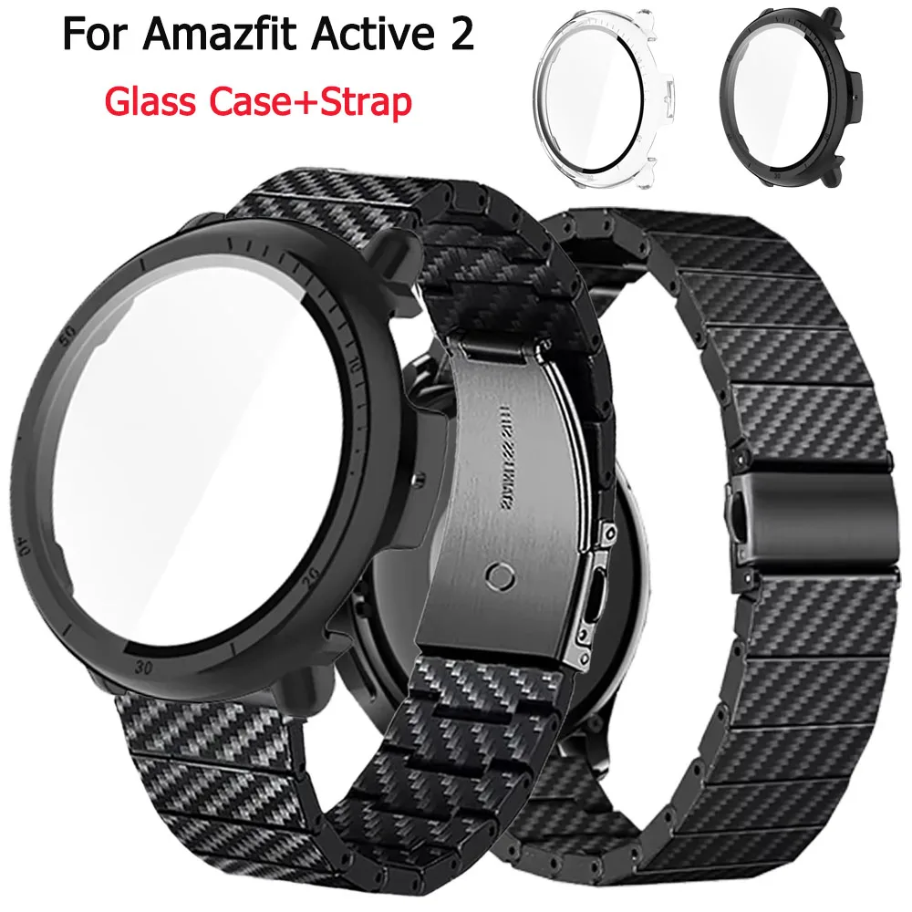 

Carbon Fiber Pattern Band+Glass Case For Amazfit Active 2 Screen Protector Cover For Amazfit Active 2 Replacement Watchband