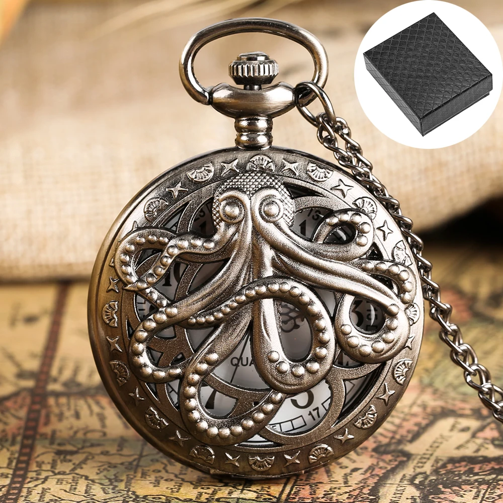 Vintage Grey Black/Bronze Hollow Out Octopus Watch Case Quartz Pocket Watch with Watch Box Necklace Watches Gift for Men Women