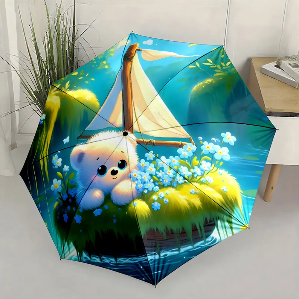 1PC Adorable Bear on Fantasy Umbrella Artwork Print 8 Iron Ribs Folding Umbrella Auto-Open Fashion Sunshade