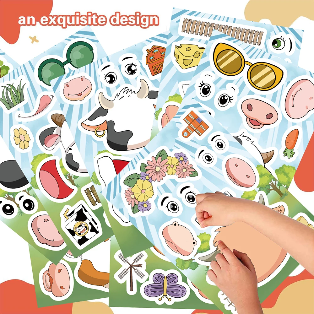 

8/16sheets Cow Head Puzzle Stickers Cute Cartoon Make a Face Sticker Gift Children DIY Assemble Jigsaw Game Boys Girls Party Toy