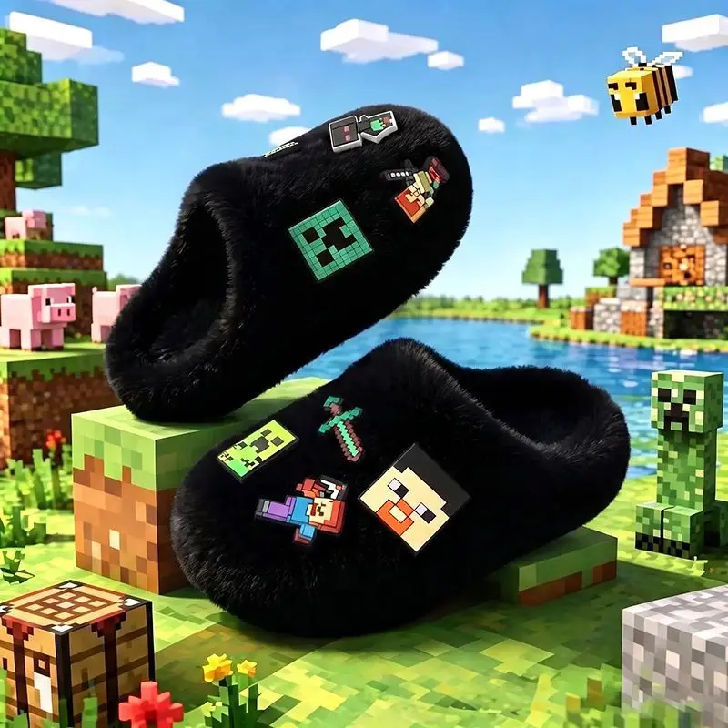 Minecraft Black Winter Warm Plush Slippers Pixel Game Charms Soft Fluffy Non-Slip Indoor Home Shoes