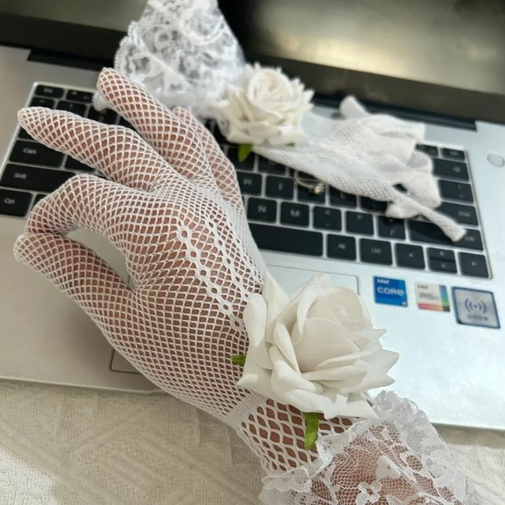 جديد روز زهرة الدانتيل شبكة القفازات تأثيري فستان الحفلات شبكة صيد السمك قفازات التصوير الدعامة الشرير الهيب هوب الزفاف قفازات الزفاف الطرف
