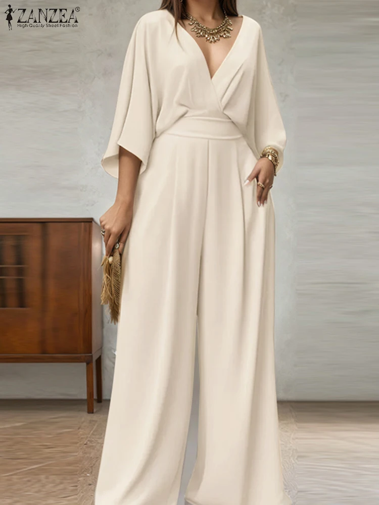 

ZANZEA Elegant Women Long Jumpsuits 2025 Fashion V-Neck High Waist Wide Leg Pants Summer 3/4 Sleeve Casual Loose Solid Playsuits