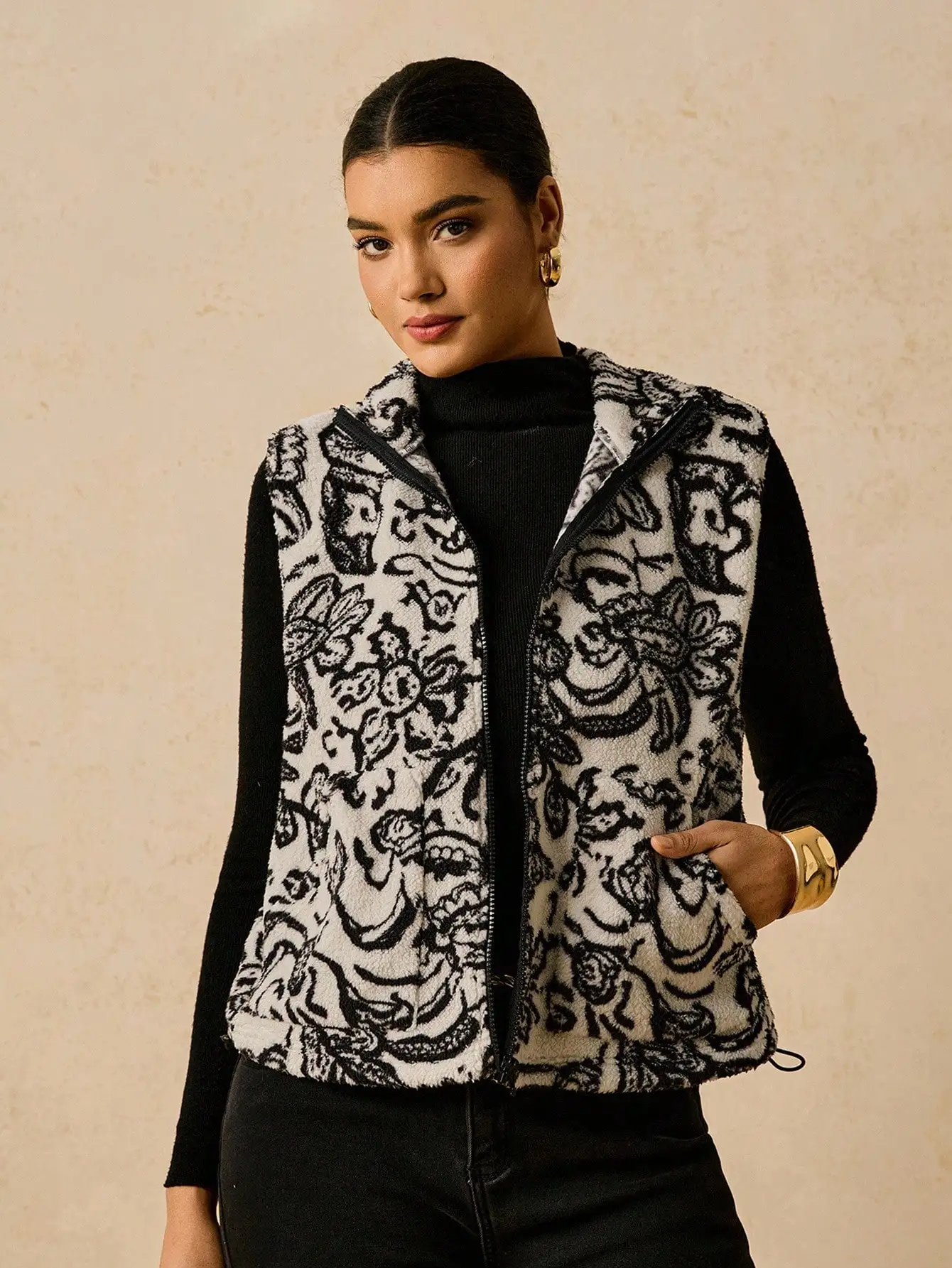 Damska polarowa kamizelka w stylu boho z kwiatowym wzorem, plus size, zapinana na zamek, jesienno-zimowa odzież wierzchnia codzienna.