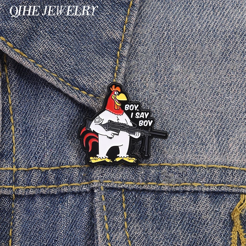 Comedy Anime Movie Warrior Rooster With Gun Enamel Pins Rooster Boy I Say Boy Brooches Jacket Lapel Badges Jewelry Friends Gifts