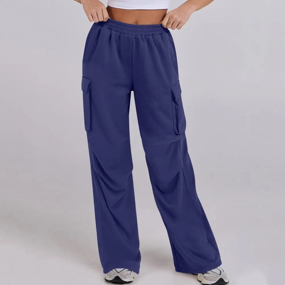 

Women Cargo Pants Elastic Waist Mid-rise Straight Wide Leg Sweatpants With Multi Pockets Solid Color Casual Jogging Pants