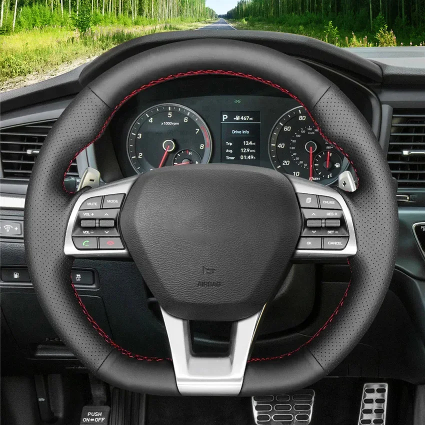 LQTENLEO Black Artificial Leather Car Steering Wheel Cover For Hyundai Sonata 9 (3-Spoke | D-Shape) 2015 2016 2017 2018 2019