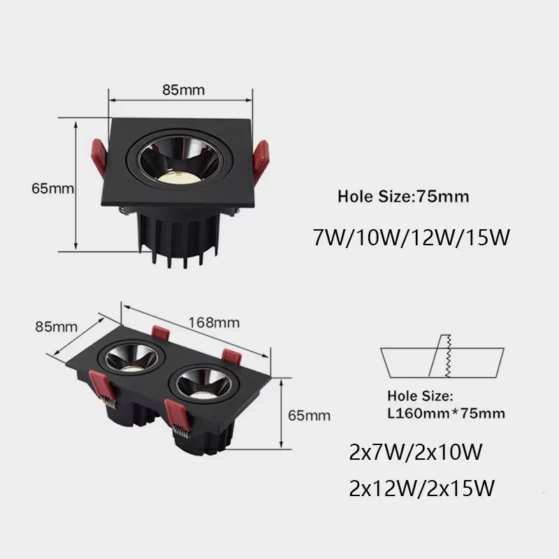 Imagem -03 - Lâmpada de Teto Led Embutida 7w 10w Cabeça Única Dupla Luzes Led Cree Cob Anti-reflexo Downlight para Casa Escritório Loja Interior