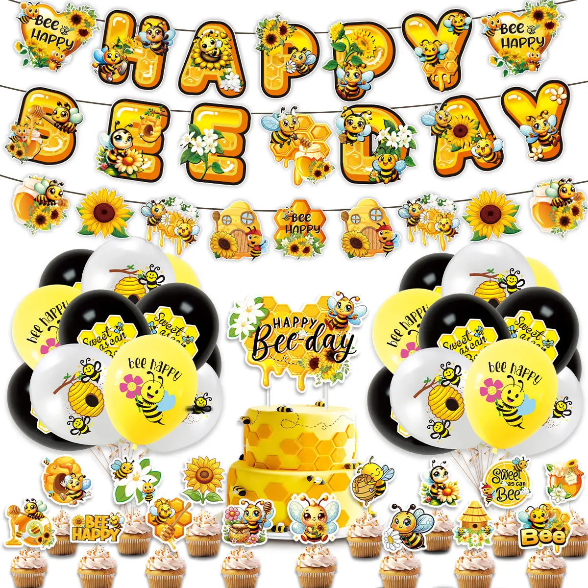 

1set Bee latex Balloon Banner Cake Topper set Yellow sand White Bee Festival Gender Reveal Birthday Party Baby Shower Decoration