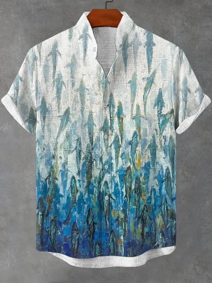 Summer Men\'s Casual Sea Life Graphic Short Sleeved Shirt Button Down Lapel Shirts Oversized Tops Casual Hawaiian Shirt for Men