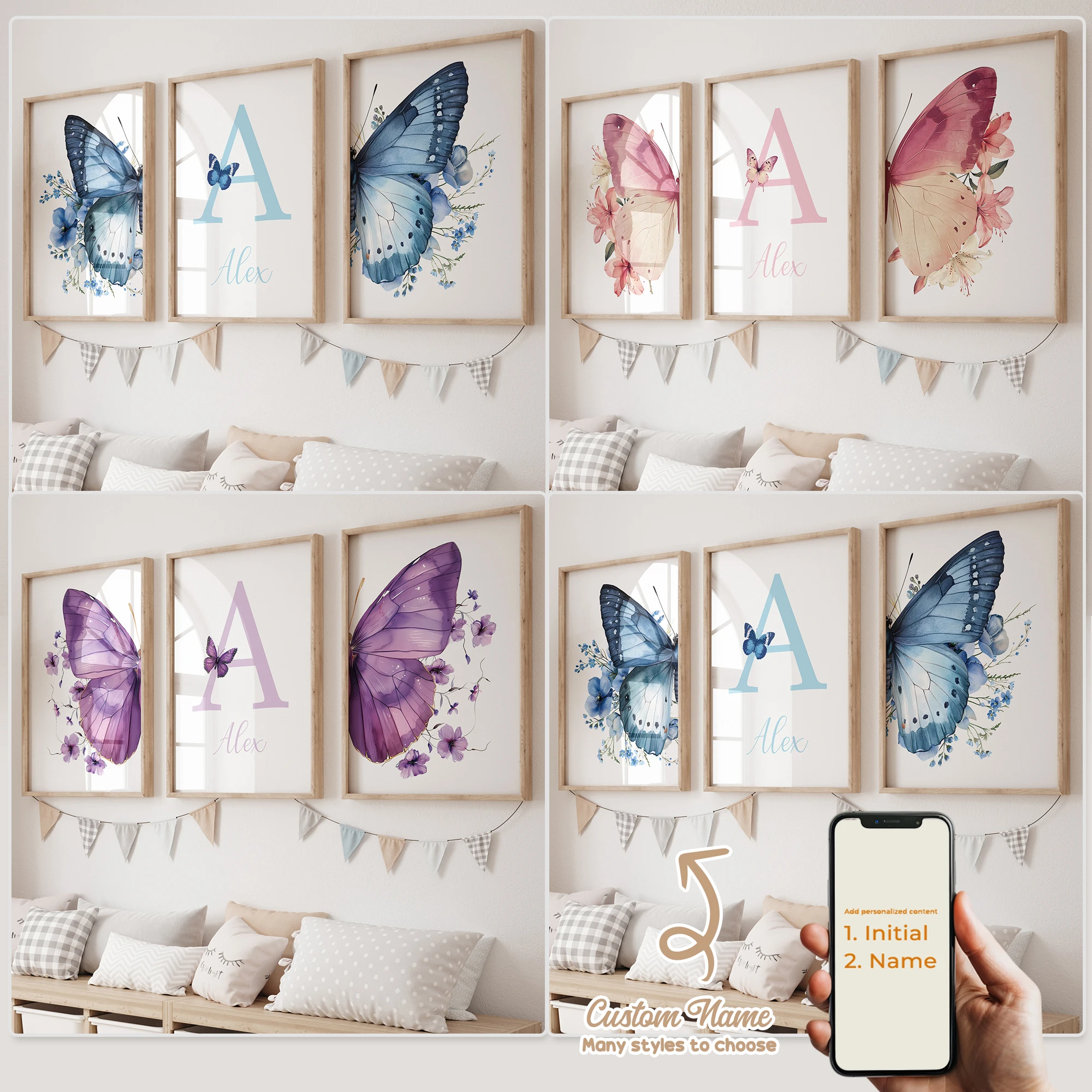 3pcs Personalized Custom Name Cartoon Butterfly Wall Art Pri