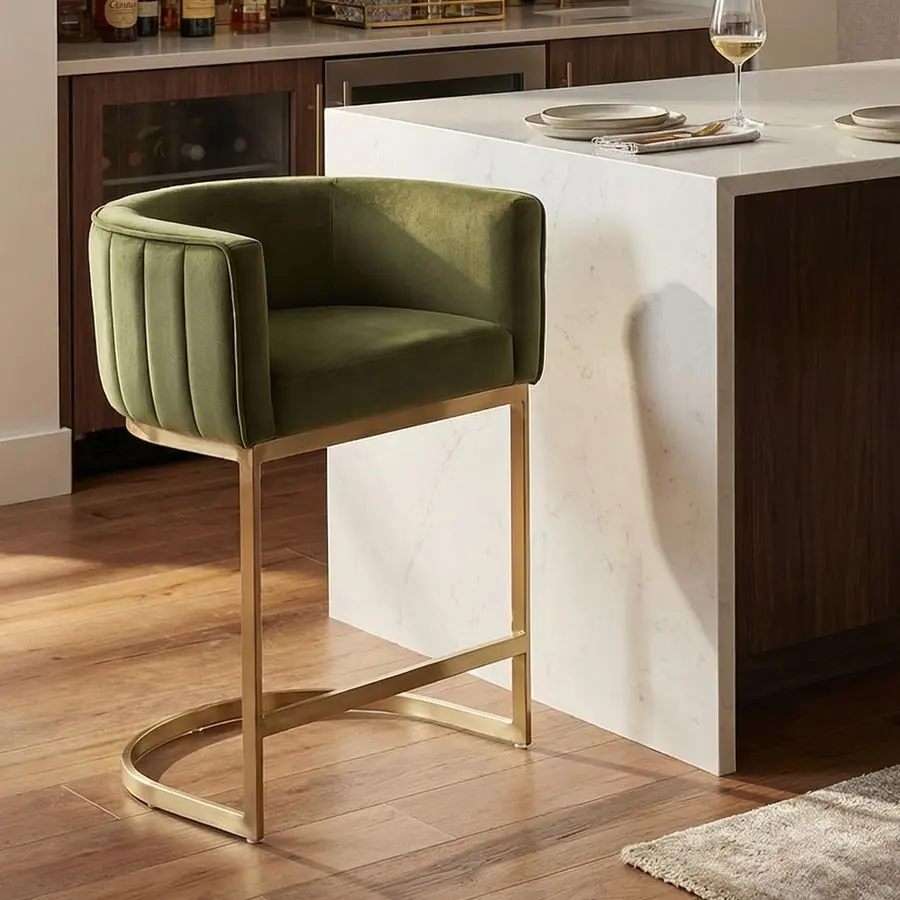

Барные стулья для кухонного острова, современные стулья-бочонки с обивкой из вельвета и золотистыми металлическими ножками для завтрака