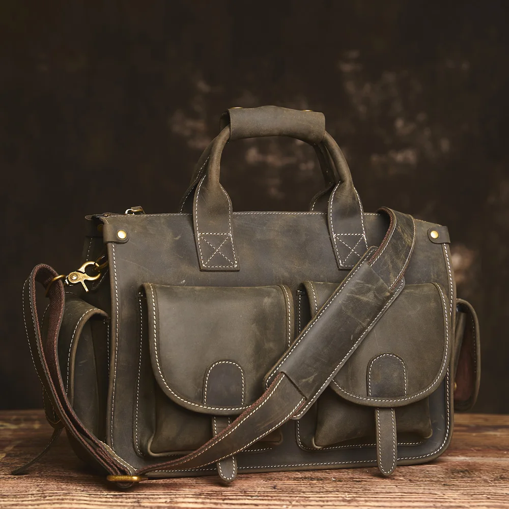 Nupugoo Vintage Echt leder Herren Aktentasche Umhängetasche verrückte Pferd Leder Handtasche mit 16-Zoll-Laptop – Detail 15