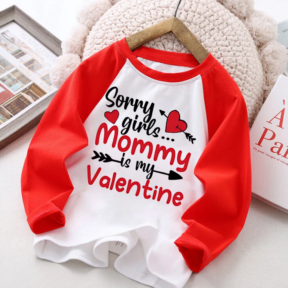 Sorry Girl's Mommy Is My Valentine Print T-shirt Valentine's Day Boys Girls Raglan Tops Outfit Heart Crusher Kids Holiday Tee