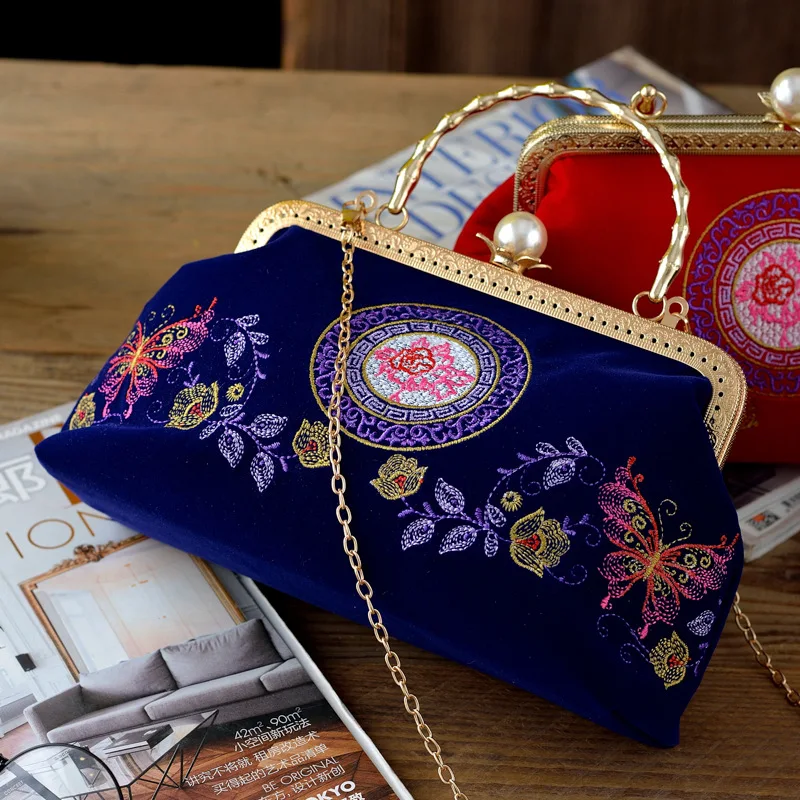 Velvet Retro Clutches Vintage Flower Embroidery Fine Evening Bags For Women Metal Handle Handbags Chain Shoulder Crossbody Bags