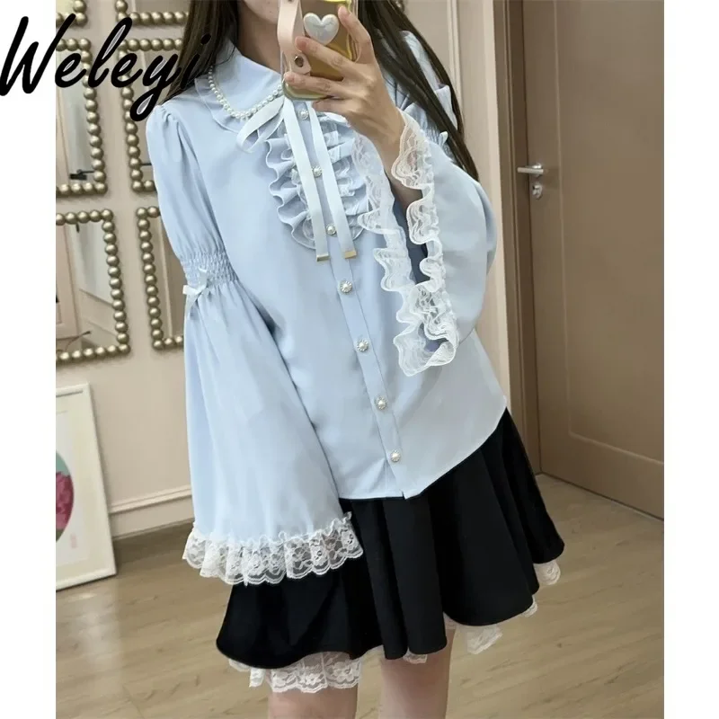 

Japanese Women's Lolita Shirts Spring and Autumn Streetwear New Camisas E Blusas Cute Beaded Lace Edge Flared Sleeve Bow Poleras