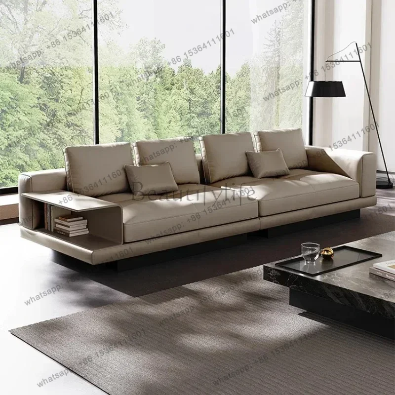 LSLeather Sofa Villa Large Flat High-end Living Room Light Luxury Four-person Straight Row Suspended Sectional Cream Style Sofa