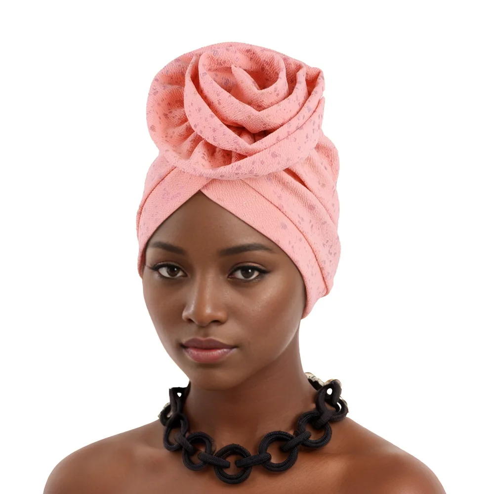 Woman African Turban Cap Big Flower Hat Headwrap Bonnet Muslim Headscarf Ladies Beanies Chemo Hair Loss Head Cover Solid Color