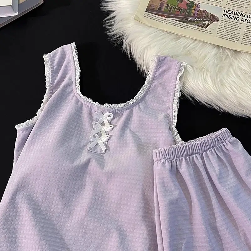 Sweet bow cotton pajamas female summer with corset vest shorts loungewear can be worn outside two sets of loungewear cute girls