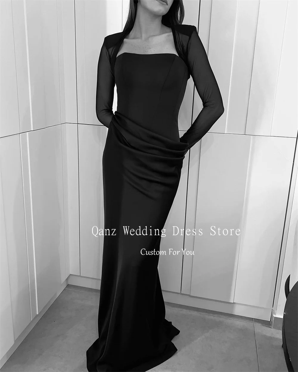 Qanz Black Simple Evening Dresses Long Sleeves Mermaid Satin Vestidos De Fiesta Strapless Customized Dress for Special Occasions