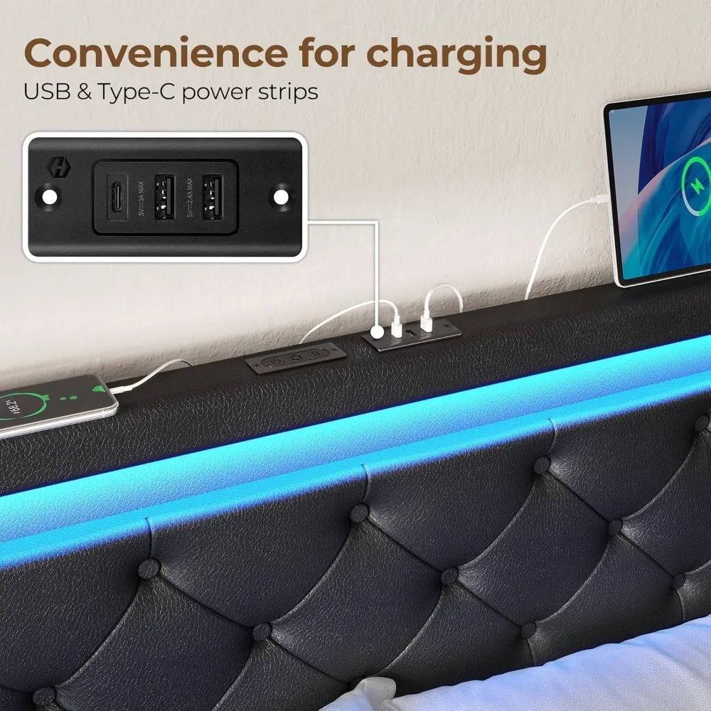 إطار سرير كوين مع مصابيح LED ومحطة شحن، سرير من جلد البولي يوريثان مع أدراج، شرائح خشبية، خالية من الضوضاء، سهلة التجميع، أسود