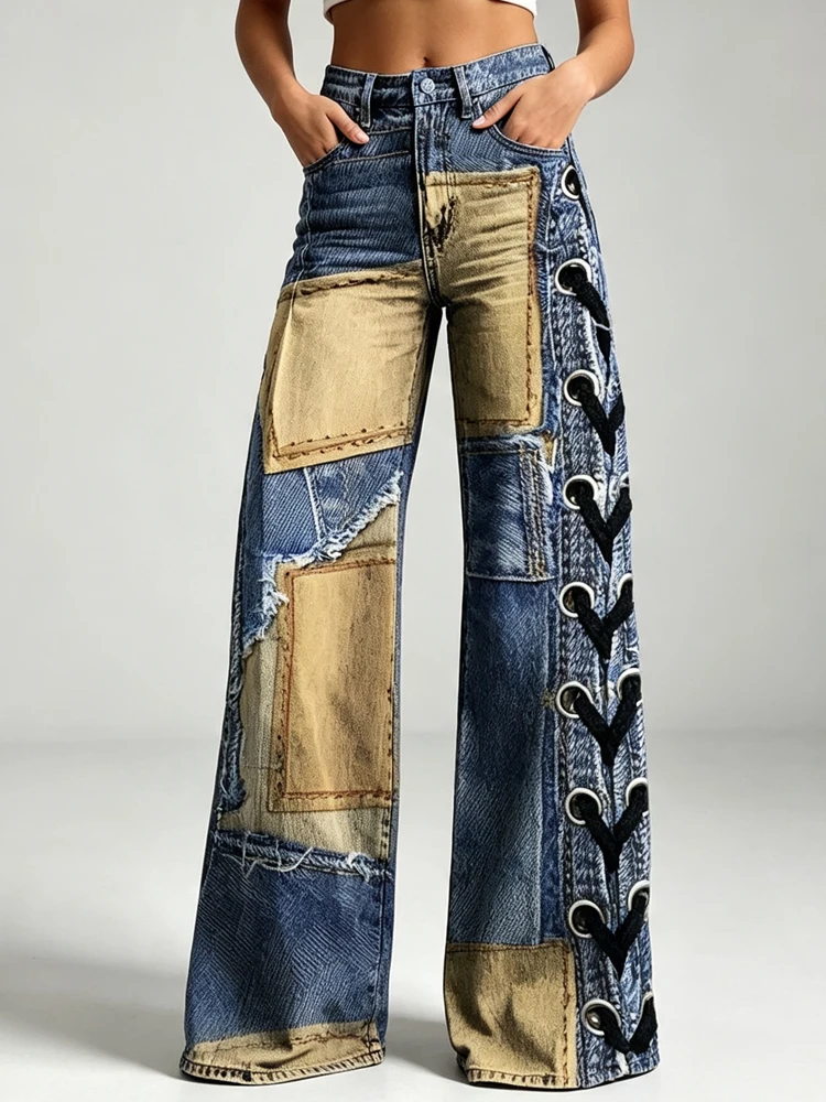 Women's Retro High Waist Patchwork Denim Wide Leg Pants Distressed Side Lace-up Streetwear Casual Trousers For Spring Summer