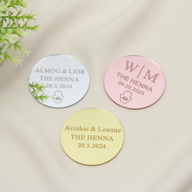 30/50/60/70/100 قطعة شخصية الاكريليك الحناء حفلة العلامات المستديرة محفورة المعمودية اسم الطفل دائرة العلامات لعيد الحناء هدية مخصصة