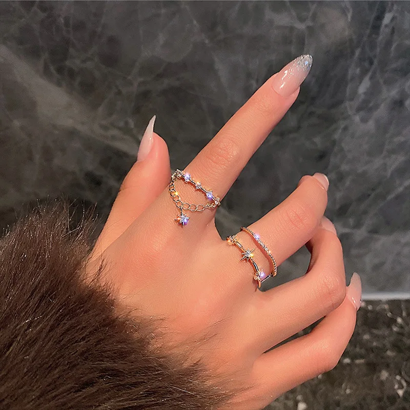 

925 Sterling Silver Star Moon Flower Zircon Tassels Opening Ring Female Korean Exquisite Luxury Double Chain Girls Fine Jewelry