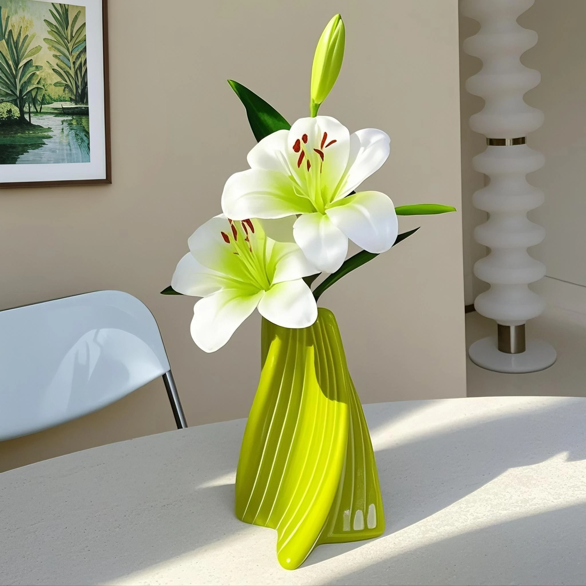 Artificial Lily Green Plant Decoration Floral Arrangement Living Room Ceramic Vase Light Luxury Artificial Floral Art Ornament